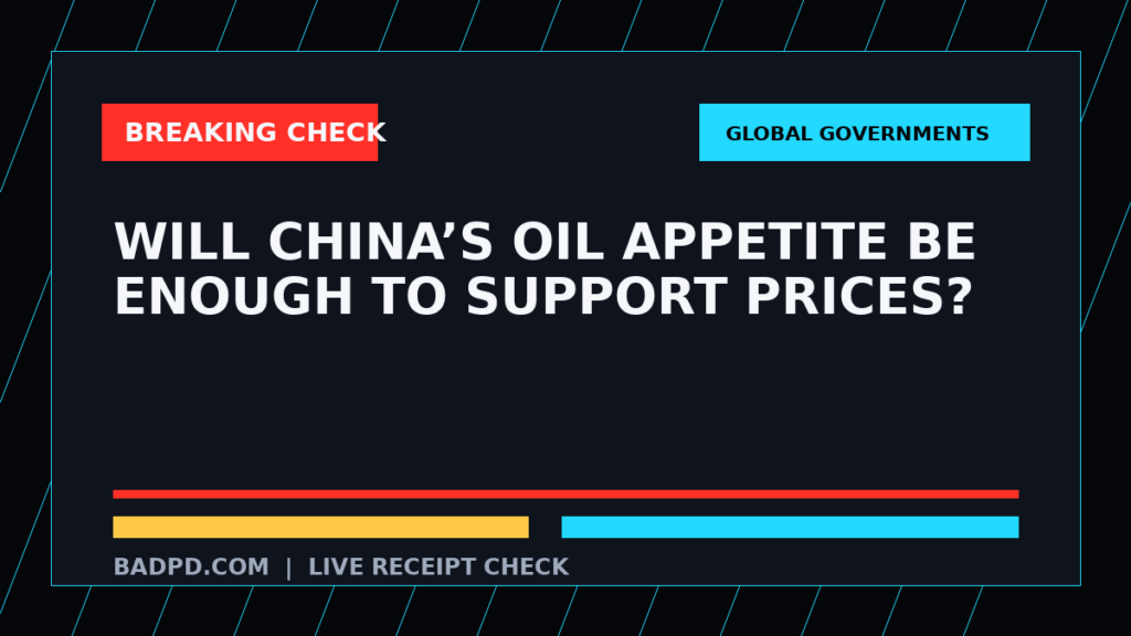 Symbolic editorial breaking-check graphic for Will China’s oil appetite be enough to support prices?, not a depiction of the event.
