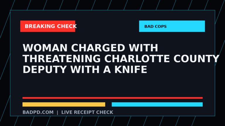 Symbolic editorial breaking-check graphic for Woman charged with threatening Charlotte County deputy with a knife, not a depiction of the event.