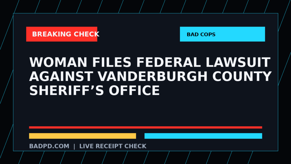 Symbolic editorial breaking-check graphic for Woman files federal lawsuit against Vanderburgh County Sheriff’s Office, not a depiction of the event.