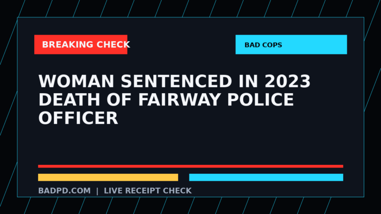 Symbolic editorial breaking-check graphic for Woman sentenced in 2023 death of Fairway police officer, not a depiction of the event.