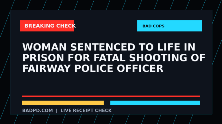 Symbolic editorial breaking-check graphic for Woman sentenced to life in prison for fatal shooting of Fairway police officer, not a depiction of the event.
