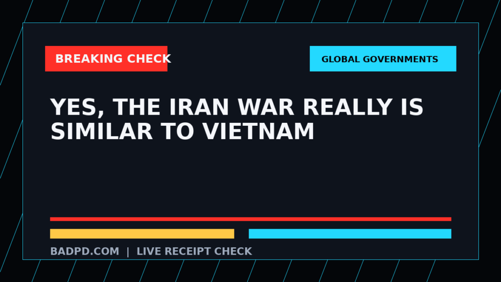 Symbolic editorial breaking-check graphic for Yes, the Iran War Really Is Similar to Vietnam, not a depiction of the event.