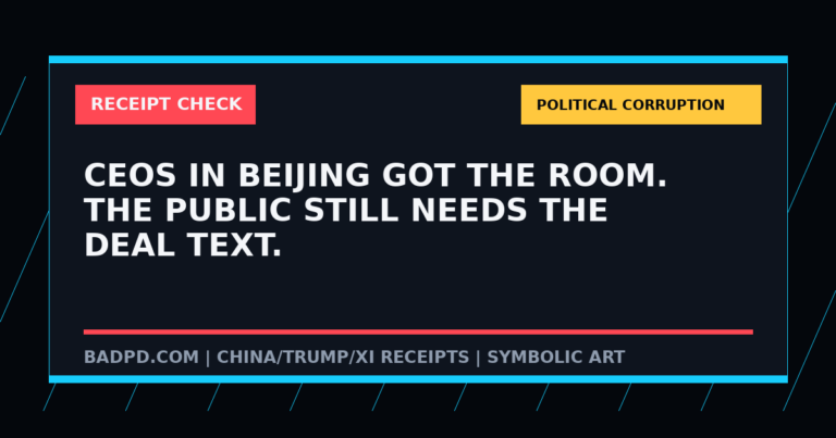 Symbolic BadPD receipt-check graphic for CEOs In Beijing Got The Room. The Public Still Needs The Deal Text.. Not a depiction of the summit or any private meeting.