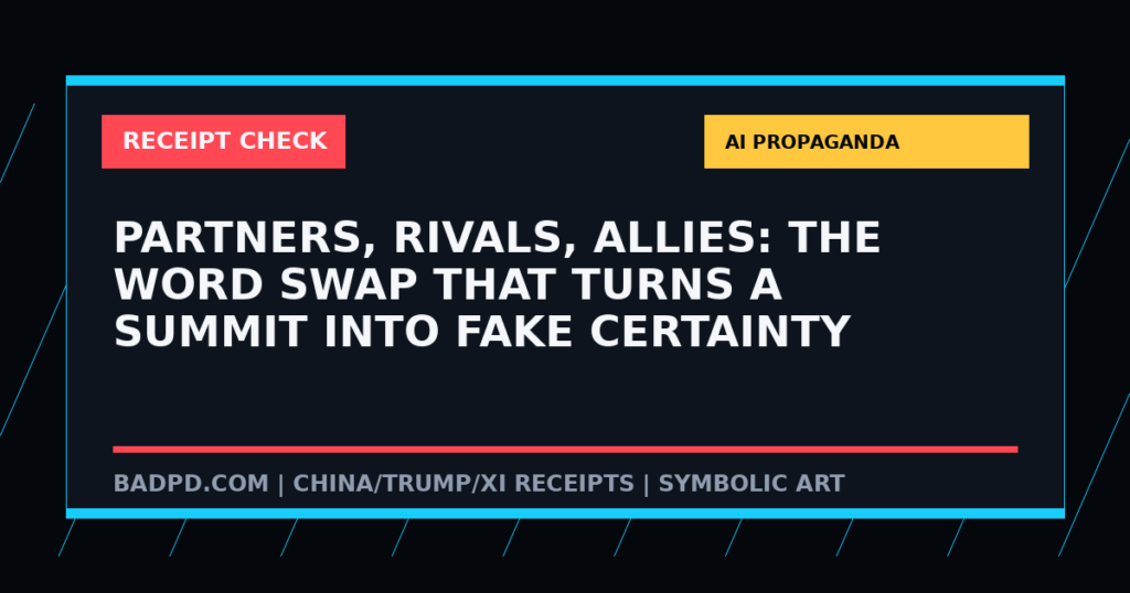 Symbolic BadPD receipt-check graphic for Partners, Rivals, Allies: The Word Swap That Turns A Summit Into Fake Certainty. Not a depiction of the summit or any private meeting.