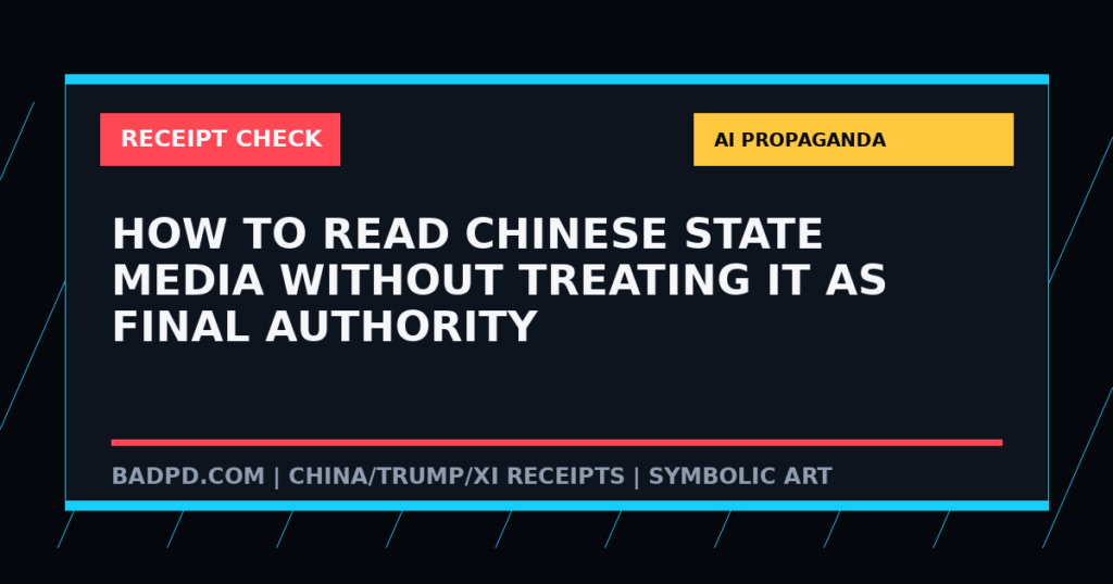 Symbolic BadPD receipt-check graphic for How To Read Chinese State Media Without Treating It As Final Authority. Not a depiction of the summit or any private meeting.