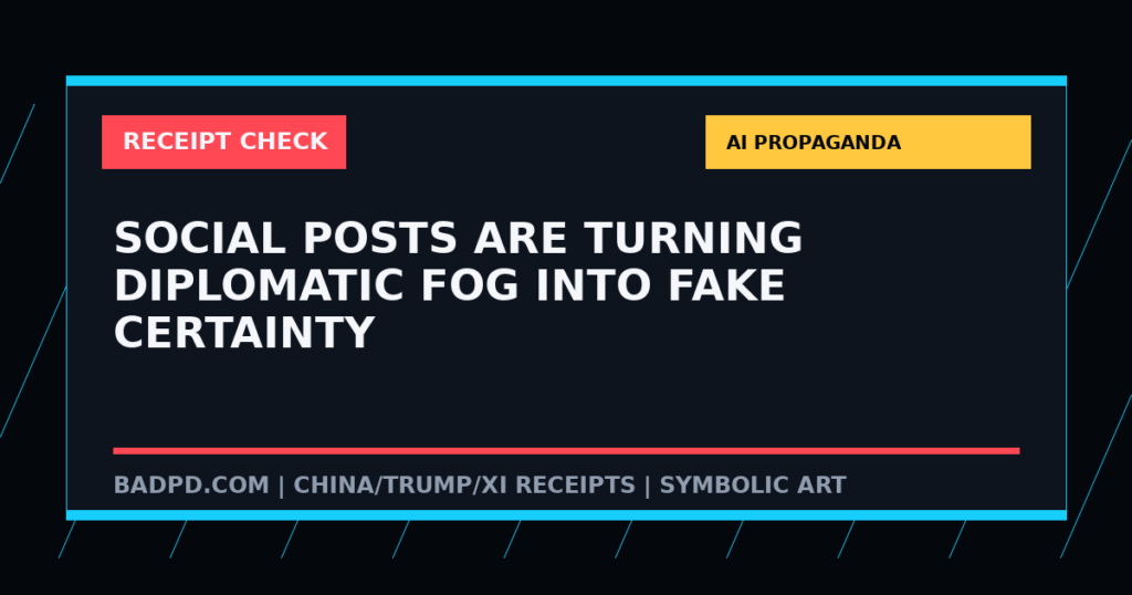 Symbolic BadPD receipt-check graphic for Social Posts Are Turning Diplomatic Fog Into Fake Certainty. Not a depiction of the summit or any private meeting.