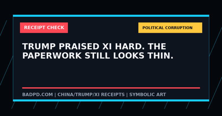 Symbolic BadPD receipt-check graphic for Trump Praised Xi Hard. The Paperwork Still Looks Thin.. Not a depiction of the summit or any private meeting.