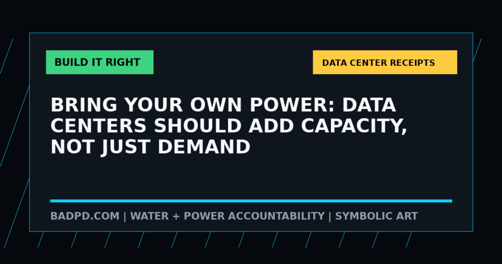 Symbolic BadPD data-center accountability graphic for Bring Your Own Power: Data Centers Should Add Capacity, Not Just Demand. Not a depiction of a real site.