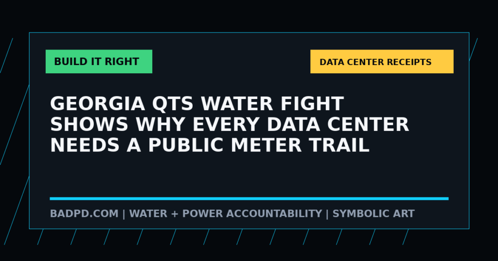 Symbolic BadPD data-center accountability graphic for Georgia QTS Water Fight Shows Why Every Data Center Needs A Public Meter Trail. Not a depiction of a real site.