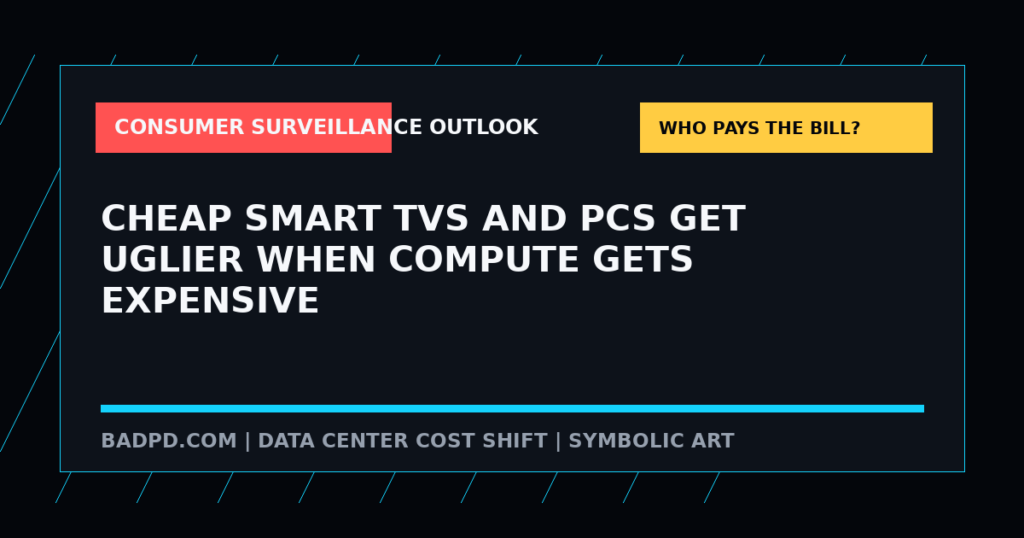 Symbolic BadPD graphic for Cheap Smart TVs And PCs Get Uglier When Compute Gets Expensive. Not a depiction of a real facility, person, device, public hearing, or scene.