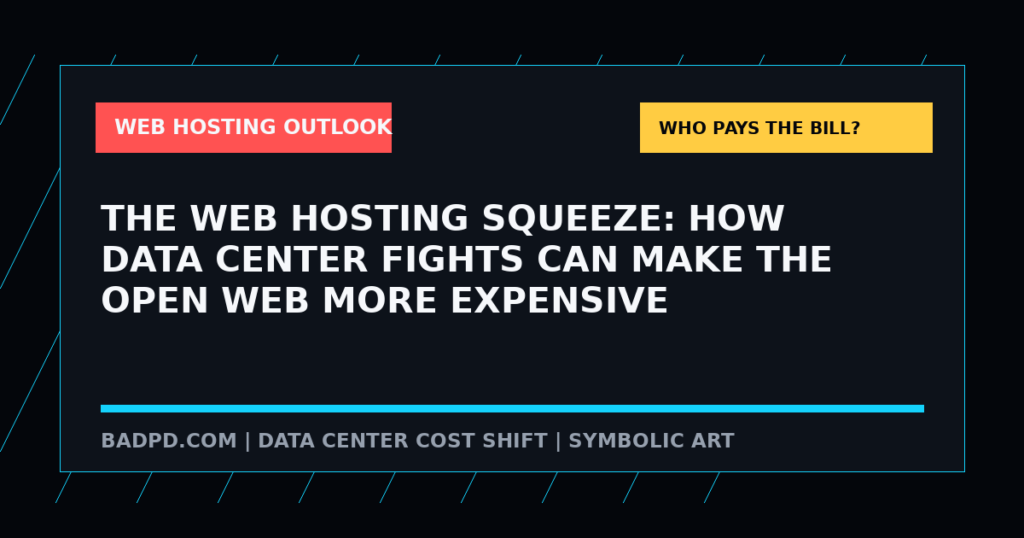 Symbolic BadPD graphic for The Web Hosting Squeeze: How Data Center Fights Can Make The Open Web More Expensive. Not a depiction of a real facility, person, device, public hearing, or scene.
