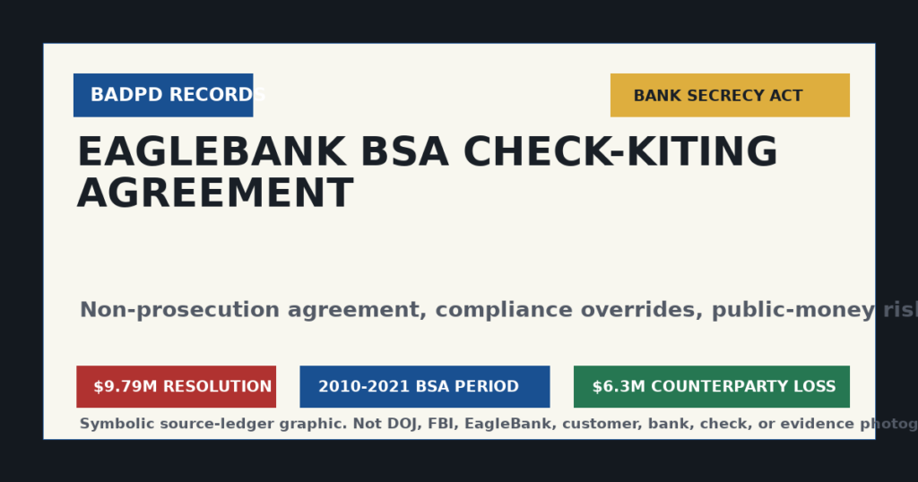 Symbolic BadPD source ledger graphic for the EagleBank Bank Secrecy Act check-kiting agreement.