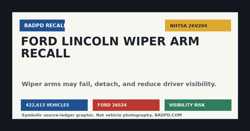 Symbolic BadPD NHTSA recall ledger graphic for Ford and Lincoln windshield wiper arm recall.