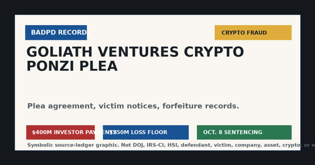 Symbolic BadPD source ledger graphic for the Goliath Ventures crypto Ponzi plea.