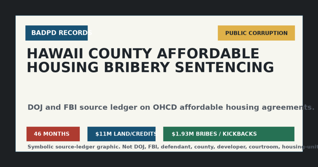 Symbolic BadPD source ledger graphic for Hawaii County affordable housing bribery sentencing.