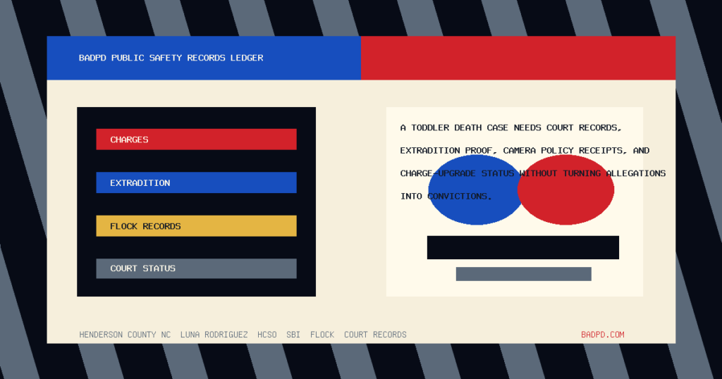 BadPD symbolic public-safety records ledger graphic for the Henderson County toddler death case, charges, extradition, Flock camera records, and court-status receipts.