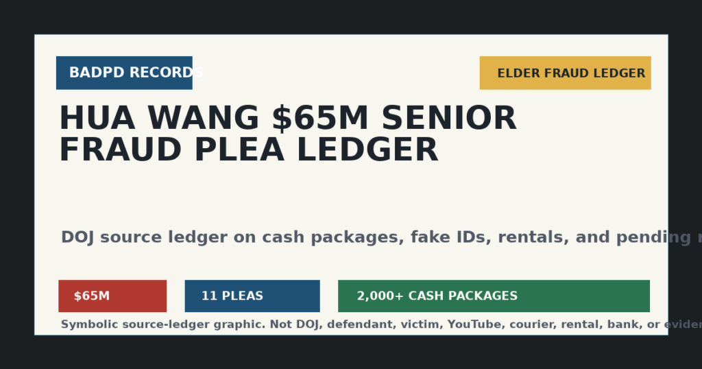 Symbolic BadPD source ledger graphic for Hua Wang $65 million senior fraud plea ledger.