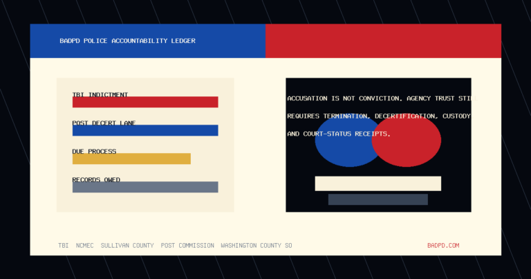 BadPD symbolic police-accountability ledger graphic for the Jacob Byrd TBI indictment story, emphasizing indictment, POST decertification lane, due process, and records owed.