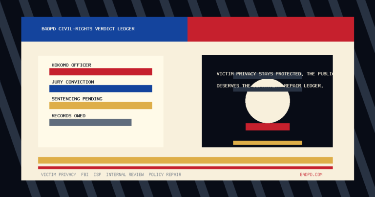BadPD civil rights verdict ledger graphic for the Kokomo Sinmi Asomuyide case, emphasizing victim privacy, sentencing pending, and department records owed.