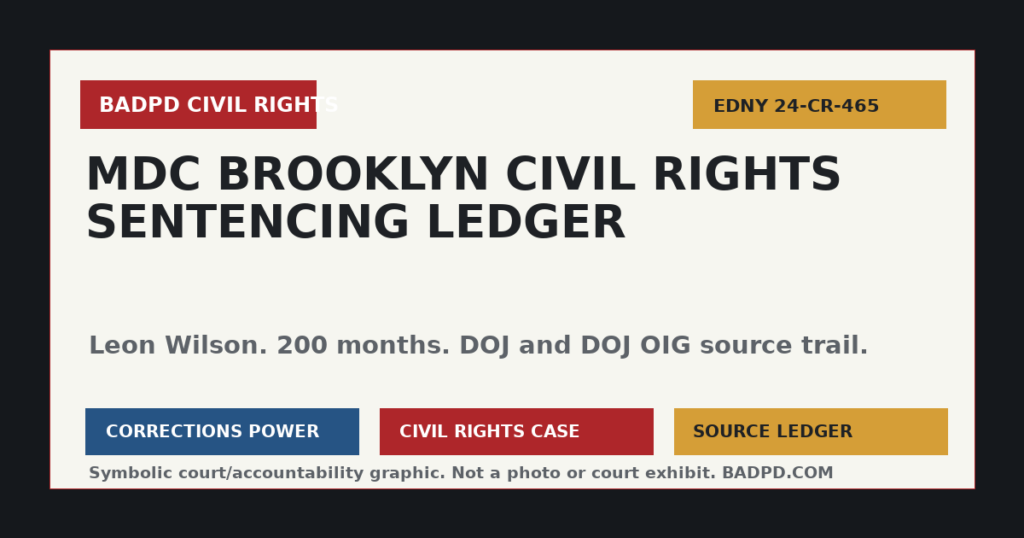 Symbolic BadPD court ledger graphic for Leon Wilson MDC Brooklyn civil rights sentencing.