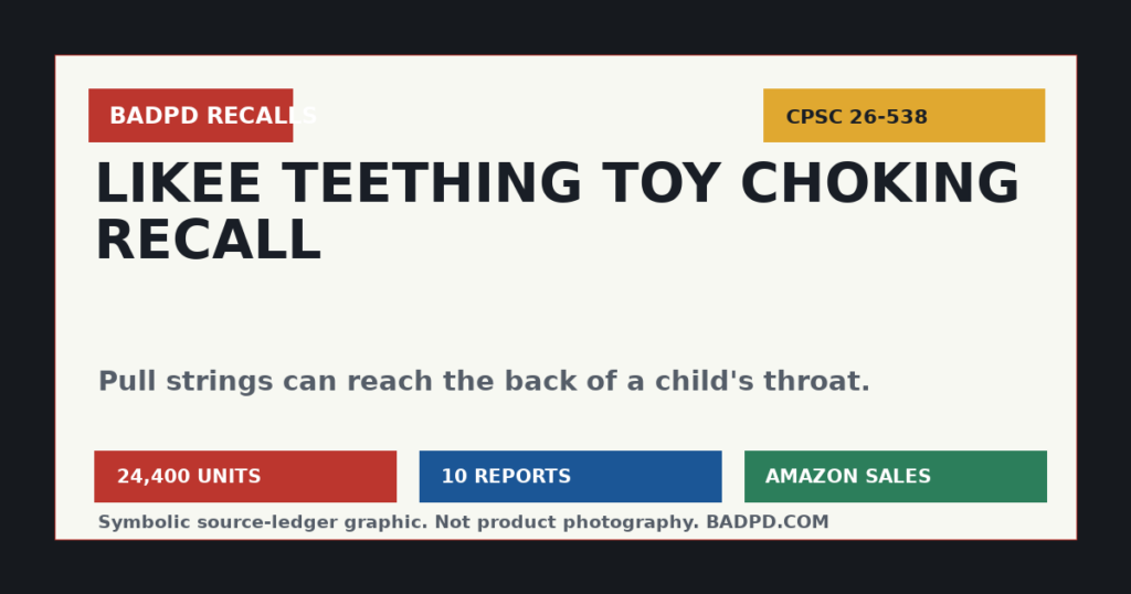 Symbolic BadPD CPSC recall ledger graphic for LiKee pull-string teething toy recall 26-538.