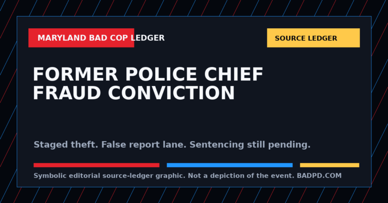 Symbolic BadPD source-ledger graphic for Maryland Former Police Chief Fraud Ledger: Davion Percy Convicted In A Staged-Theft Insurance Scheme. Not a depiction of the event, people, victims, suspects, or scene.