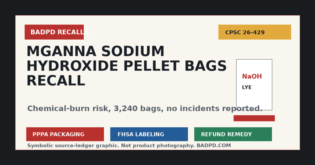 Symbolic BadPD CPSC recall ledger graphic for mGanna sodium hydroxide pellet bags recall 26-429.