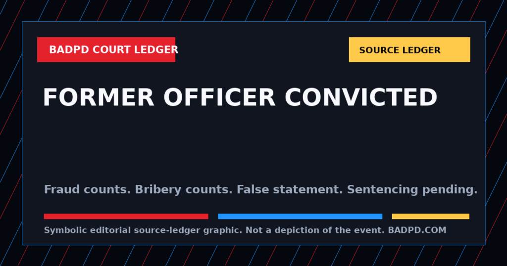 Symbolic BadPD source-ledger graphic for New Orleans Former-Officer Conviction Ledger: Insurance Fraud, Bribery, And The Public-Trust File. Not a depiction of the event, people, victims, suspects, or scene.