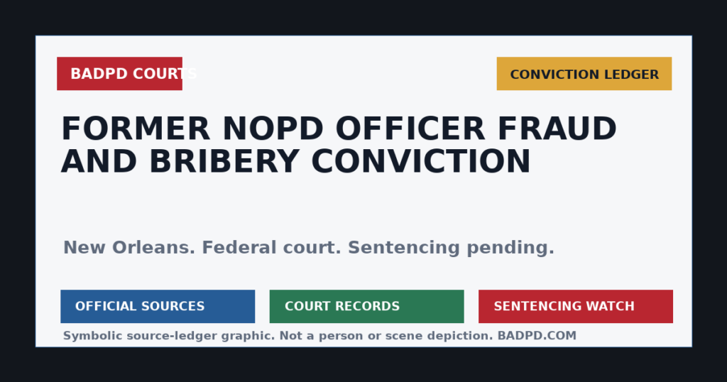 Symbolic BadPD court-ledger graphic for a former New Orleans police officer fraud and bribery conviction.