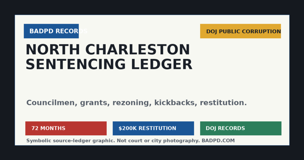 Symbolic BadPD DOJ public corruption ledger graphic for North Charleston sentencing records.