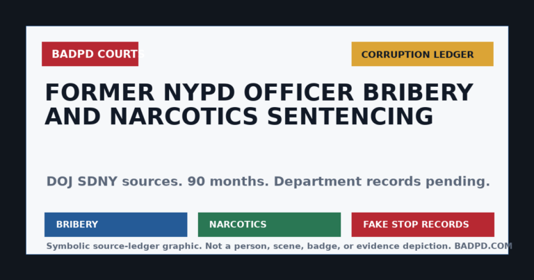 Symbolic BadPD court-ledger graphic for former NYPD officer Andrew Nguyen bribery and narcotics sentencing.