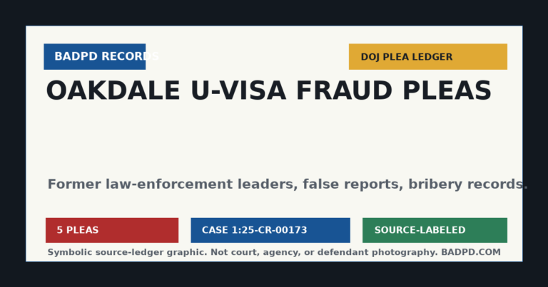 Symbolic BadPD DOJ source ledger graphic for Oakdale-area U-Visa fraud guilty pleas.