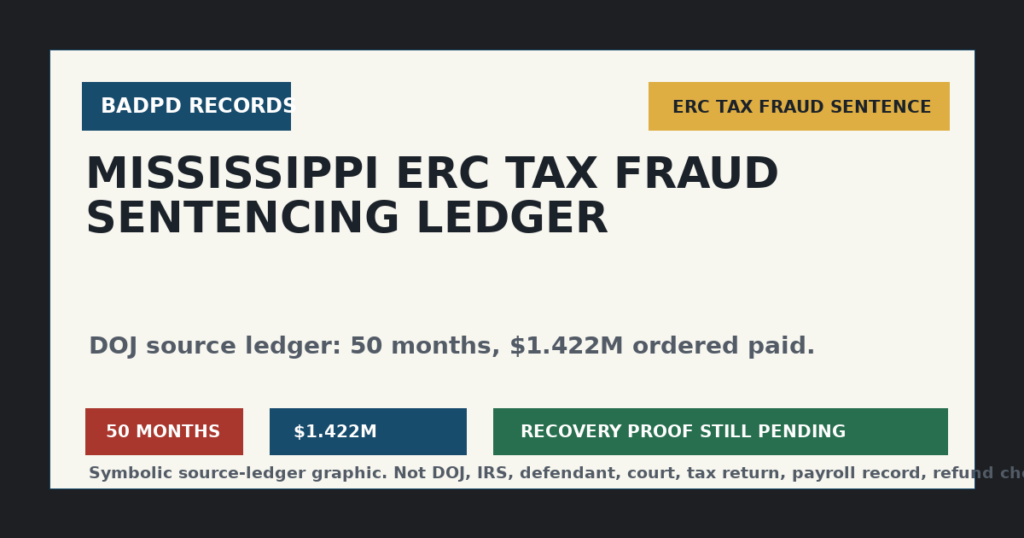 Symbolic BadPD source ledger graphic for Patricia Jones ERC tax fraud sentencing.