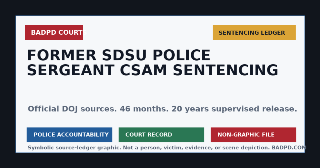 Symbolic BadPD court-ledger graphic for a former SDSU police sergeant CSAM sentencing article.