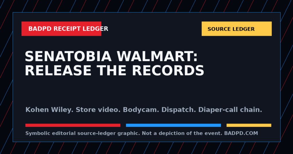 Symbolic BadPD source-ledger graphic for Senatobia Walmart Protest Ledger: Kohen Wiley, Store Video, Bodycam And The Diaper-Call Record. Not a depiction of the event, people, victims, suspects, or scene.