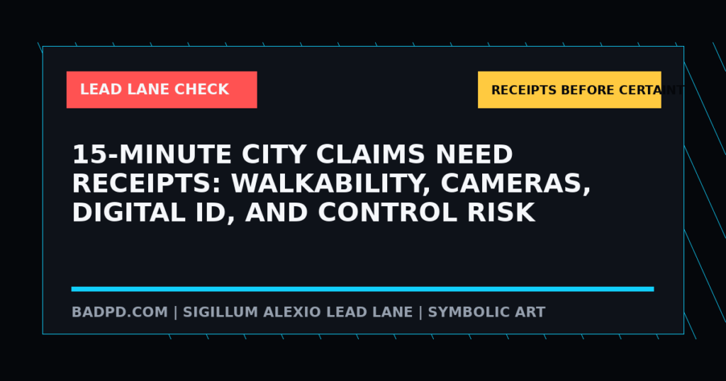 Symbolic BadPD receipt graphic for 15-Minute City Claims Need Receipts: Walkability, Cameras, Digital ID, And Control Risk. Not a depiction of any real person, scene, victim, suspect, or event.