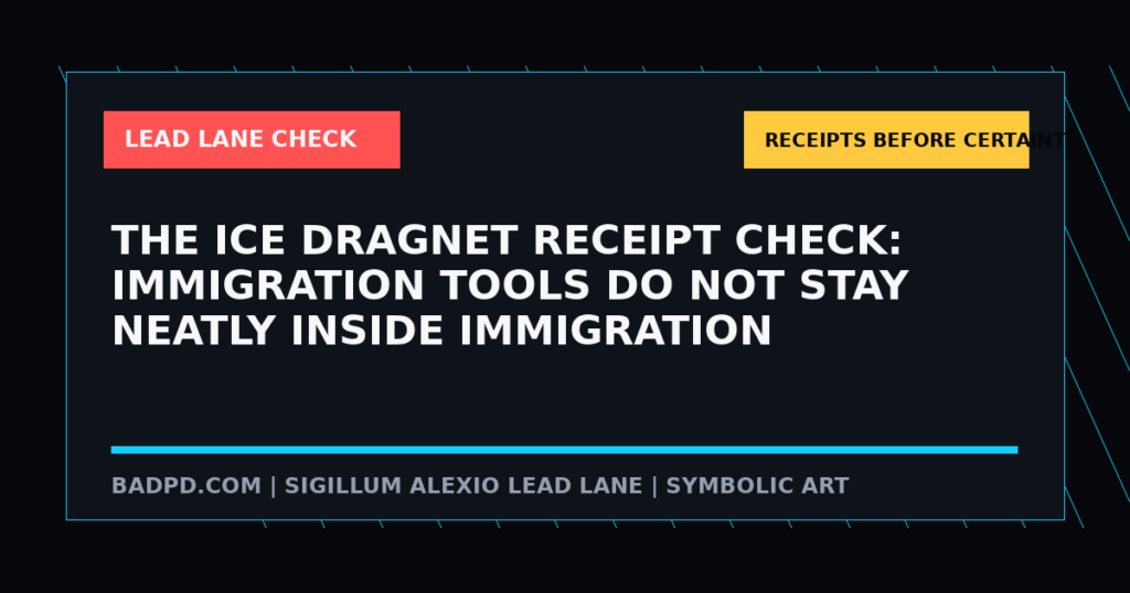 Symbolic BadPD receipt graphic for The ICE Dragnet Receipt Check: Immigration Tools Do Not Stay Neatly Inside Immigration. Not a depiction of any real person, scene, victim, suspect, or event.