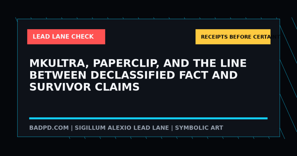 Symbolic BadPD receipt graphic for MKULTRA, Paperclip, And The Line Between Declassified Fact And Survivor Claims. Not a depiction of any real person, scene, victim, suspect, or event.
