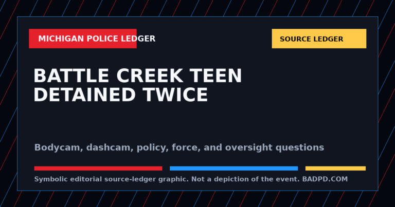 Symbolic BadPD source-ledger graphic for Battle Creek Teen Detained Twice In 10 Days: Bodycam, Policy, And Oversight Questions In The Jeremiah Spearman Case. Not a depiction of the event, people, victims, suspects, or scene.