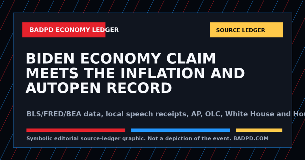 Symbolic BadPD source-ledger graphic for Biden Says The Economy Was Better Under Him. The Ledger Says Families Paid For That Claim.. Not a depiction of the event, people, victims, suspects, or scene.