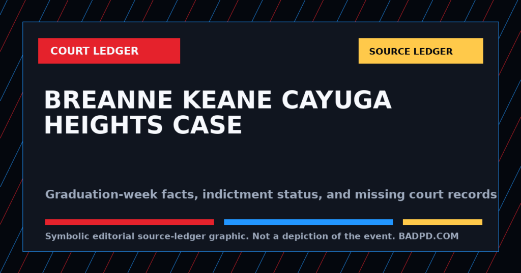 Symbolic BadPD source-ledger graphic for Breanne Keane Court Ledger: Graduation-Week Stabbing Case In Cayuga Heights Needs Precise Records. Not a depiction of the event, people, victims, suspects, or scene.
