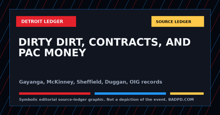 Symbolic BadPD source-ledger graphic for Detroit Dirty-Dirt Ledger: Duggan, Sheffield, Gayanga, McKinney, PAC Money, And The Records Still Missing. Not a depiction of the event, people, victims, suspects, or scene.