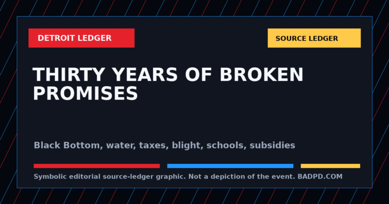 Symbolic BadPD source-ledger graphic for Detroit's Thirty-Year Broken-Promise Ledger: Democratic City Hall, Black Bottom, Blight, Water, Taxes, Schools, Bankruptcy, And The Neighborhoods Still Waiting. Not a depiction of the event, people, victims, suspects, or scene.