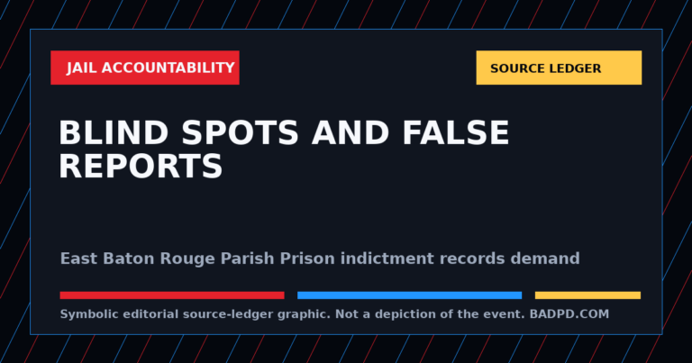 Symbolic BadPD source-ledger graphic for East Baton Rouge Jail Assault Indictment: Camera Blind Spots, False Reports, And The Chain Of Command. Not a depiction of the event, people, victims, suspects, or scene.