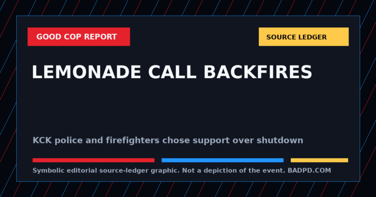 Symbolic BadPD source-ledger graphic for Good Cop Report: KCK Police And Firefighters Turned A Lemonade-Stand 911 Call Into Community Support. Not a depiction of the event, people, victims, suspects, or scene.