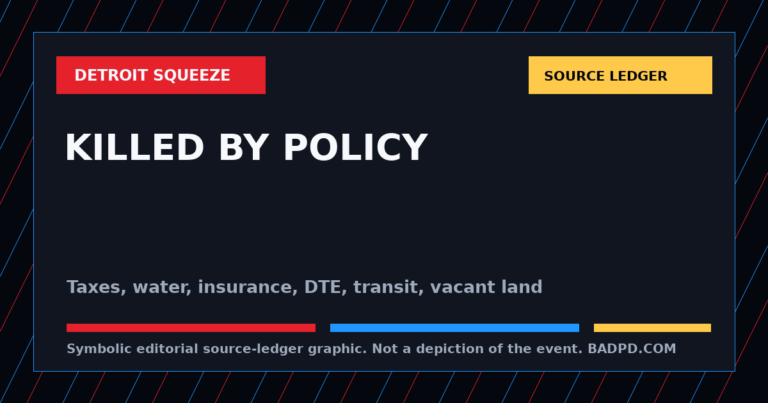 Symbolic BadPD source-ledger graphic for How Detroit Gets Killed By Policy: Taxes, Shutoffs, Insurance, DTE Bills, Flooded Basements, Bad Transit, Vacant Land, And Subsidy-First Politics. Not a depiction of the event, people, victims, suspects, or scene.