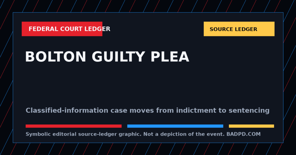 Symbolic BadPD source-ledger graphic for John Bolton Guilty Plea Ledger: The Classified-Information Case Is No Longer Just An Indictment. Not a depiction of the event, people, victims, suspects, or scene.