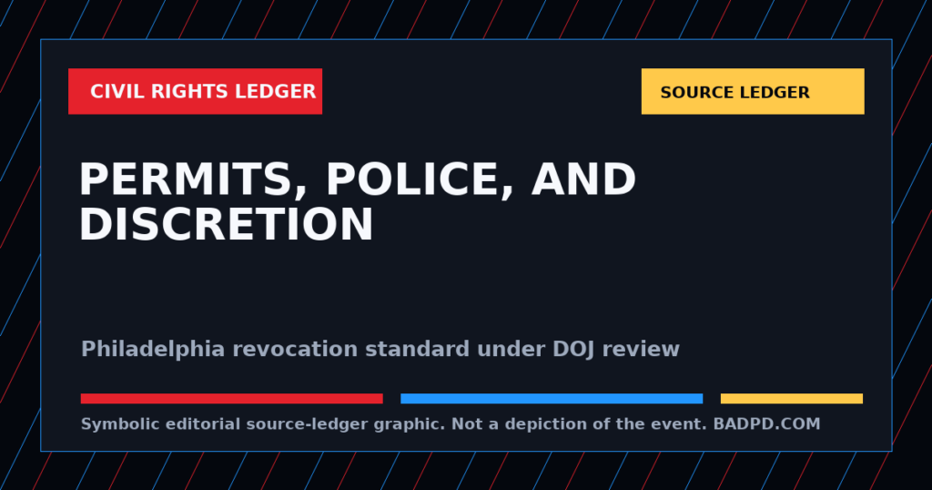 Symbolic BadPD source-ledger graphic for Philadelphia Gun-Permit Investigation: DOJ Puts Police Revocations Under A Civil-Rights Microscope. Not a depiction of the event, people, victims, suspects, or scene.