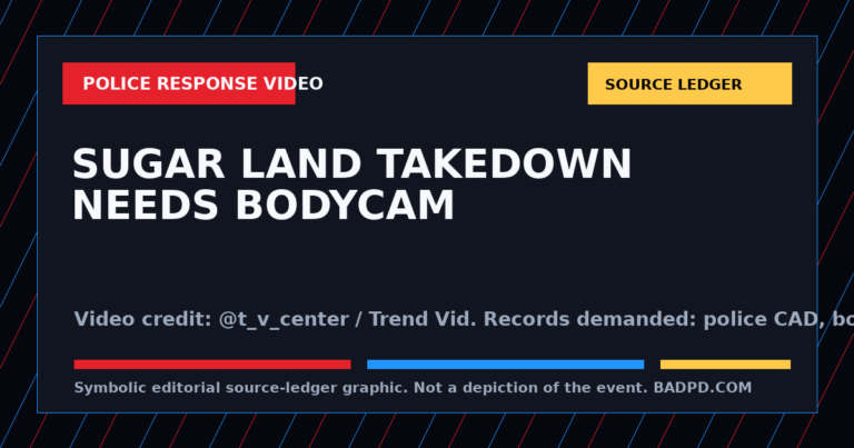 Symbolic BadPD source-ledger graphic for Sugar Land Active-Assault Video: Takedown Near Injured Victim Needs Bodycam And Fire-EMS Answers. Not a depiction of the event, people, victims, suspects, or scene.