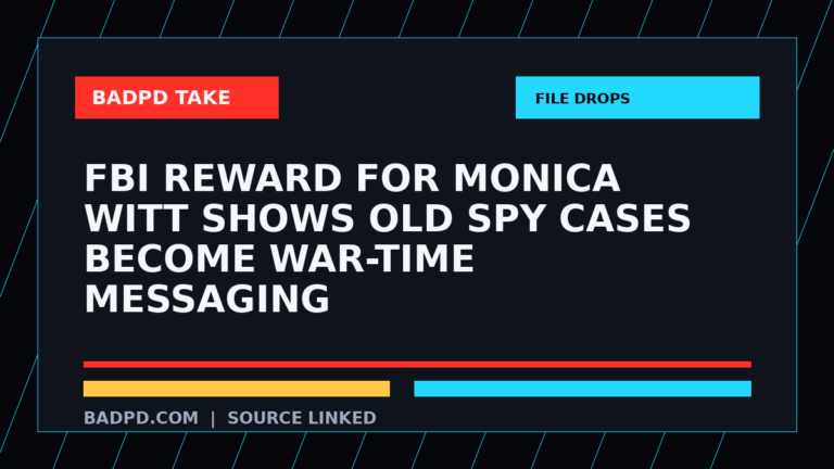 Symbolic editorial source-take graphic for FBI Reward For Monica Witt Shows Old Spy Cases Become War-Time Messaging, not a depiction of the event.